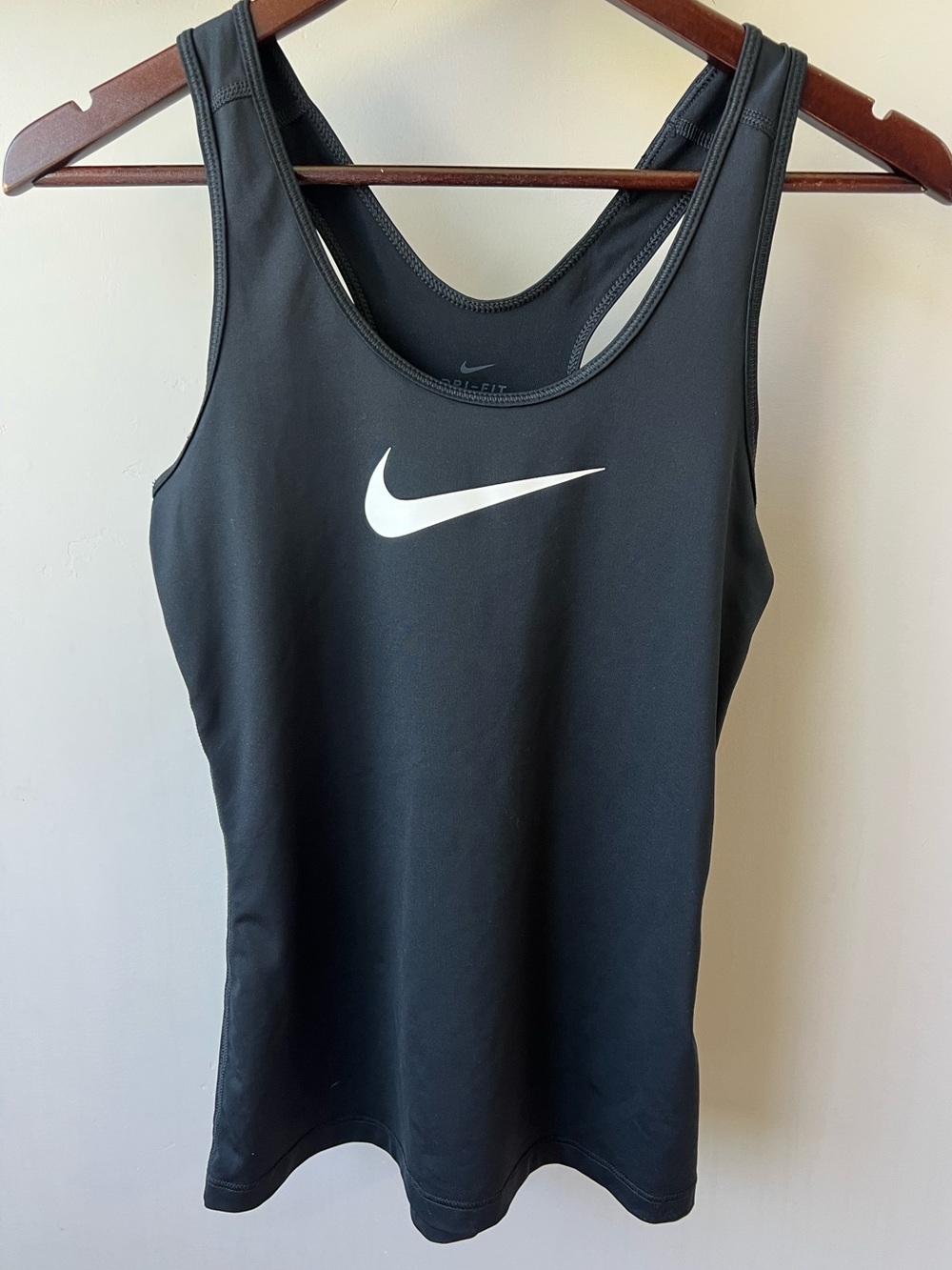 Nike Dri-FIT Black Racerback Tank Top White Swoosh Womens Size Small Gym Shirt